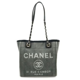 Chanel Black Gray Canvas Leather Shoulder Bag Tote Bag (Pre-Owned)