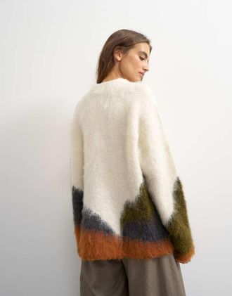 Topshop maglione lavorato a maglia effetto peloso con righe astratte color block e girocollo, avorio multicolore-Neutro