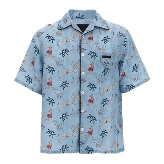 Prada Hawaii Shirt - Heren - Overhemden - Blauw - Maat: XL Zijde