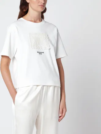 Max Mara T-shirt bianca in cotone con ricamo in pizzo
