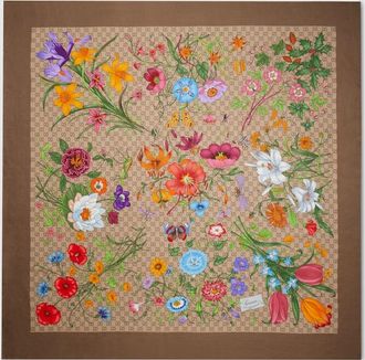 Gucci Printed GG Wool Silk Shawl, Brown, Wool