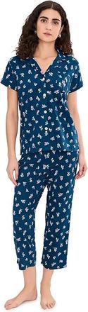 Lauren Ralph Lauren Knit Short Sleeve Notch Collar Long Pants Pajama Set Womens Pajama Sets Navy Ground Floral : LG (US 12-14)