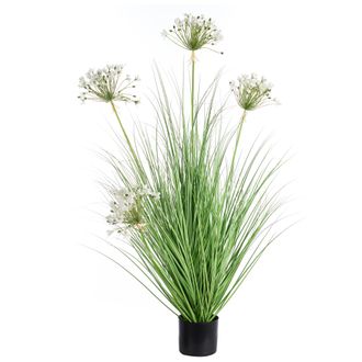 Beliani Planta Artificial En Maceta Para Interior Decoraci&oacute;n De Pl&aacute;stico Con Maceta Negra Flores Blancas 120 Cm Onion Grass