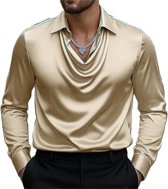 Generic Mens Elegant Solid Satin Cowl Neck Blouse Long Sleeves Casual Business Dressy Shirts Office Work Top (Champagne,S)