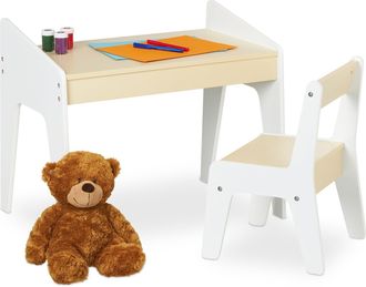 Relaxdays Relaxdays Mesa Y Silla Infantil En Set, Muebles Para Ni&ntilde;os, Unisex, Para Pintar Y Hacer Manualidades, Blanco Y Beige