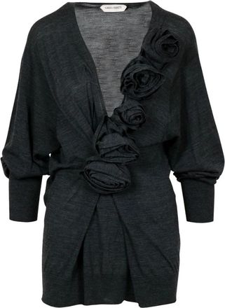 Alberta Ferretti Trui van Merinowol met Bloemapplicaties - Dames - V-hals truien - Grijs - M - Wol - Truien & Vesten