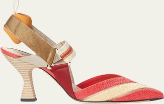 Fendi 85mm Colibri Mixed-Media Raffia Slingback Pumps
