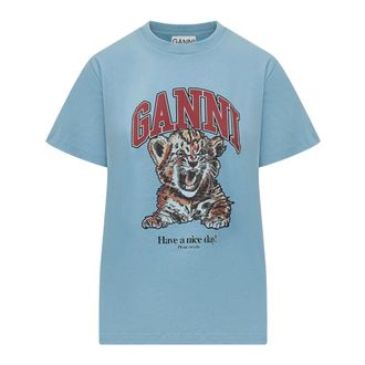 Ganni T-Shirts, female, Blue, Size: XS Relaxed Jersey Tiger T-shirt