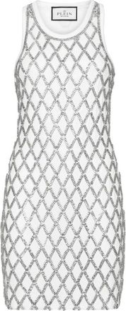 Philipp Plein Abito Corto Canotta Rete Cristalli - - Dresses - Donna - Bianco - M
