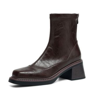 Generic Women Ankle PU Leather Boots Square Toe Side Zip Low Chunky Block Heels Textured Stitching Slip On Comfortable Durable Fashion,Brown,4.5 UK