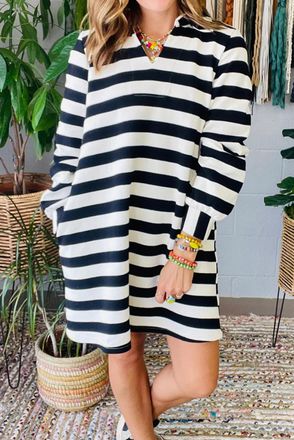 Azura Exchange Womens Striped Vneck Long Sleeve Dress - Black - Size Large