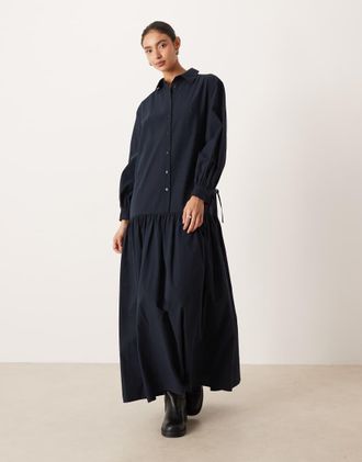 Asos Vestito camicia lungo a maniche lunghe blu navy con dettagli allacciati