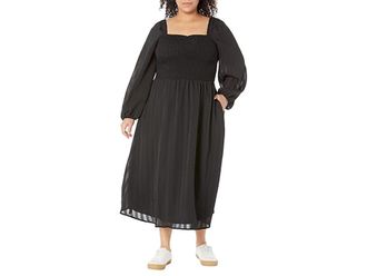 Madewell Plus Emine Long Sleeve Ruched Lucie Midi Dress - Seersucker Stripe Womens Dress True Black : 1X, Polyester/Seersucker