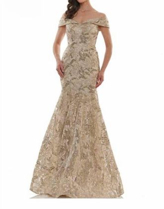 Colors Dress Embroidered Fit And Flare Gown In Gold