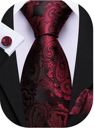 Barry.Wang Red Black Paisley Tie Mens Silk Burgundy Necktie Pocket Square Cufflinks Set Formal Wedding Party