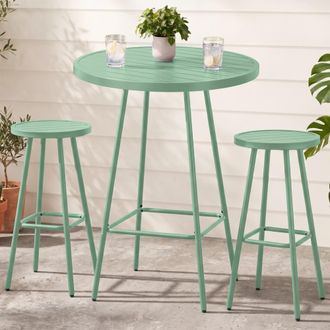 Best Choice Products 3-Piece Steel Patio Bar Height Round Bistro Set w/ Backless Stools, Slatted Design