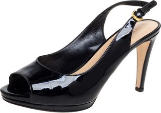 Sergio Rossi Black Patent Leather Peep Toe Slingback Sandals