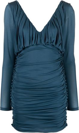 Saint Laurent V-neck draped mini dress - women - Cupro - 38 - Blue
