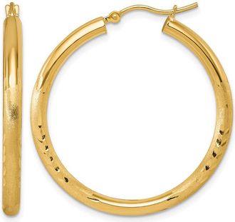 Diamond2Deal 14k Yellow Gold Satin & Diamond-cut 3x35mm Round Hoop Earrings
