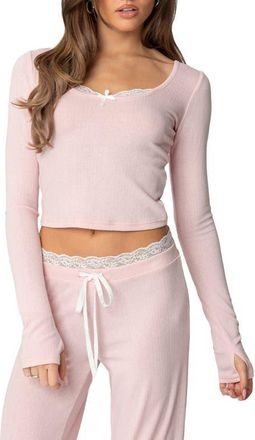 Edikted Peekaboo Lace Trim Knit Long Sleeve Top in Pink at Nordstrom, Size Medium