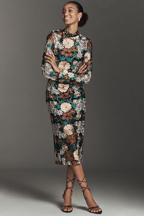 endless rose Long-Sleeve Mock-Neck Embroidered Midi Dress