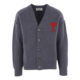 Ami Big Heart Logo Felt Merino Wool Cardigan Heather Grey UKC367-018-084