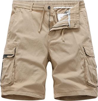 Generic Mens Lightweight Twill Cargo Shorts - Ripstop Tactical Combat Work Pants, Drawstring Elastic Waist Straight Leg Half Shorts Summer Walk Short Khaki