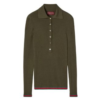 Gucci Cashmere Knitwear, female, Green, S, Cashmere and Silk Polo Top with Web