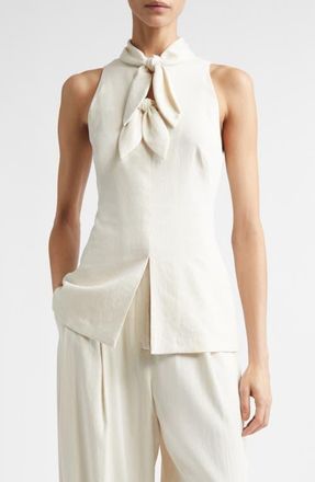 Lela Rose Bow Embellished Linen Blend Sleeveless Top in Bone at Nordstrom, Size X-Large