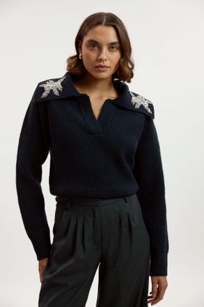 Karen Millen Womens Embellished Cosy V Neck Collar Knit Jumper - Navy - Size X-Small