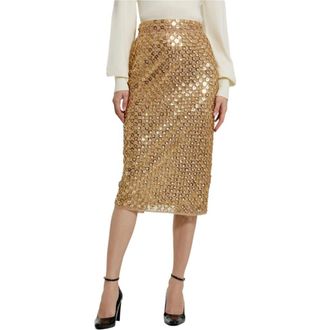 Mac Duggal Womens Georgette Embellished Fitted Midi Pencil Skirt in Antique Gold at Nordstrom, Size X-Large