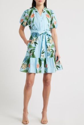 Julia Jordan Print Puff Sleeve Tie Waist Dress in Blue Multi at Nordstrom, Size 2