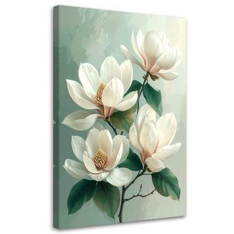 Feeby Cuadro Sobre Lienzo Magnolias Blancas Con Hojas Verdes Sobre Fondo Menta 80x120