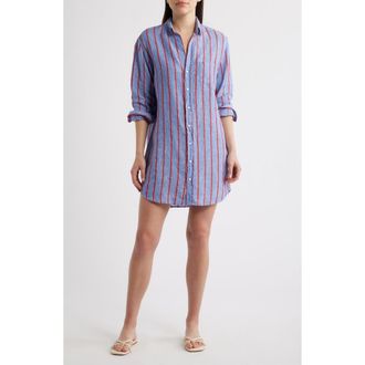 Frank & Eileen Classic Linen Shirtdress in Blue Red Textured Stripe at Nordstrom, Size X-Small