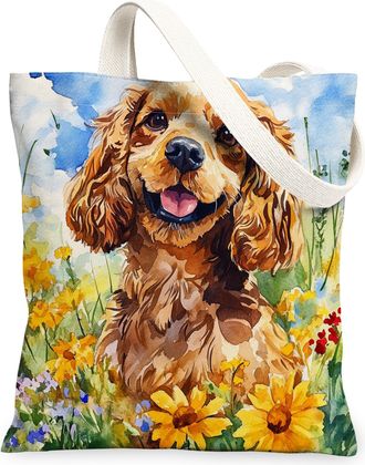 Generic Spring American Cocker Spaniel Dog Canvas Tote Bag for Shopping 13x15, Oil Painting Wildflower Puppy Reusable Grocery Print Pattern Bag for Women, Pet