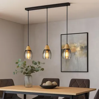 Globo Lighting Lampada A Sospensione In Vetro Lampada A Sospensione In Vetro Lampada In Vetro Fum&eacute;, 3 Fiamme Legno Naturale Vetro Fum&eacute; Metallo Nero, 3 Prese E27, Lxp