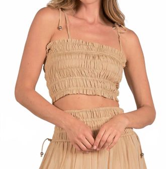 Elan Nikki Smocked Crop Top In Taupe