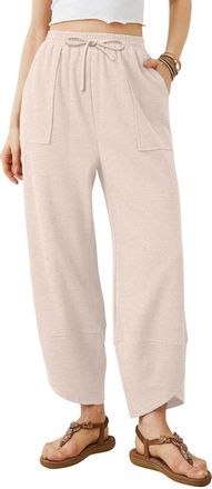 Generic Womens Wide Leg Baggy Trousers Casual Cotton Harem Pants with Pockets Loose Drawstring Elastic Waist Corduroy Sweatpants Beach Palazzo Pants Khaki