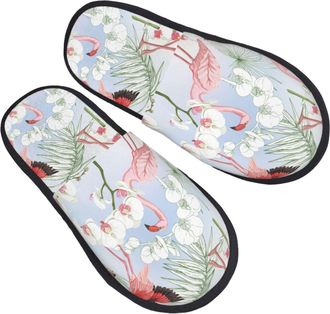 Generic Women Men House Slippers Tropical Plants And Flamingo Furry Slippers Casual Anti-Skid Plush Slip, For Home, Hotel, Indoor Outdoor, M