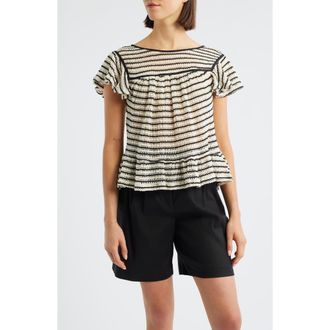 Bobeau Ruffle Open Stitch Short Sleeve Sweater in Cream/Black at Nordstrom Rack, Size X-Small