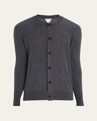 Bottega Veneta Mens Ribbed Wool Cardigan with Leather Buttons