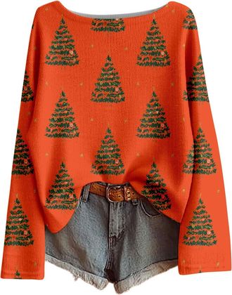 Generic Christmas Jumper 2025 Xmas Tree Printed Ladies Tops Long Sleeves Crew Neck Knitted Jumpers Soft Comfortable Xmas Pullover Sweatshirt Warm Oversized Ch