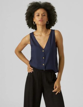 Vero Moda Womens V-Neck Short Sleeve Regular Fit Blouse - Navy - Size: 14