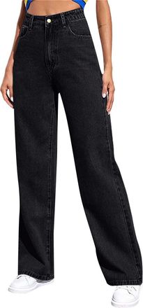 Generic Wide Leg Jeans for Women UK High Waist Pull On Denim Trousers Baggy Stretch Straight Comfy Palazzo Trousers Loosefit Y2K Boyfriend Denim Pants with Po