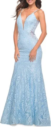 La Femme Long Mermaid Lace Dress with Back Rhinestone Detail in Cloud Blue at Nordstrom, Size 14