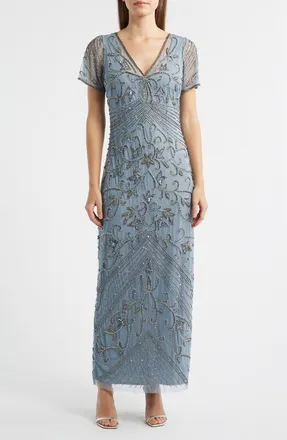 Pisarro Nights Beaded Mesh Column Gown in Soft Blue 401 at Nordstrom, Size 14