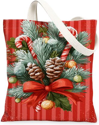 Generic Christmas Pine Canvas Tote Bags, Holiday Floral Design Reusable Grocery Bags, Festive Lightweight Washable Shoulder Strap C, Red, 13x15 Inch