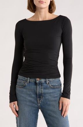 Leith Boat Neck Long Sleeve Ruched Top in Black at Nordstrom Rack, Size X-Large