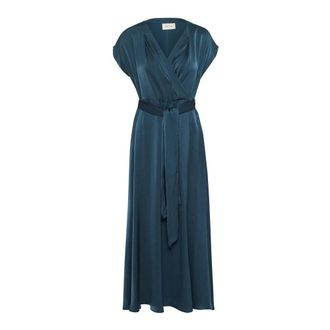 Cream Petrol Blauwe Jurk met V-Hals - Dames - Maxi kleedjes - Blauw - M - Polyester - Kleedjes