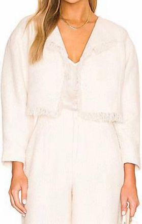 Something Navy Cropped Tweed Frayed Hem Blazer In Ivory